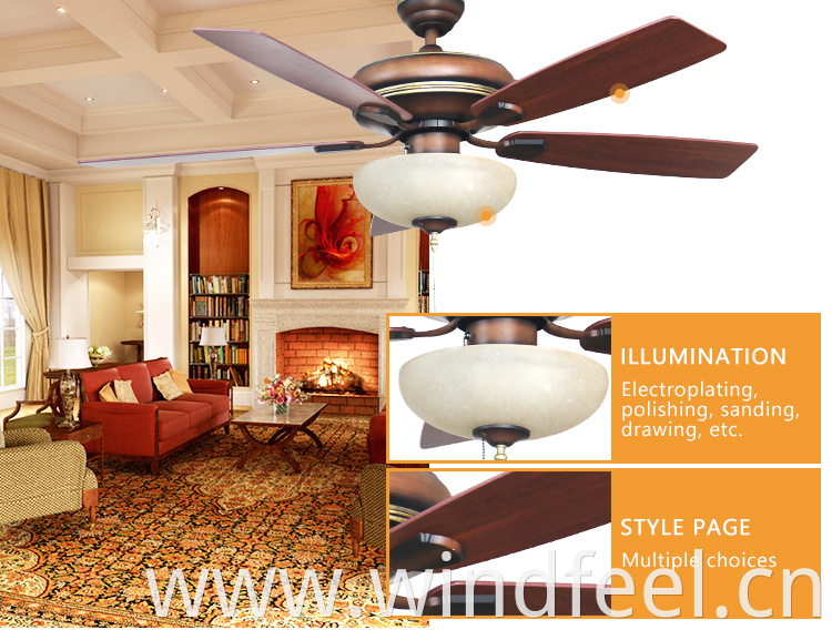 Hot selling antique copper motor ceiling fan light led light AC 5 wood grain blade decorative ceiling fans